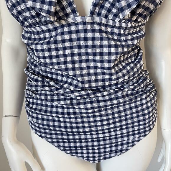 NWT J.Crew Gingham Ruched Ruffle One-Piece Swimsuit Womens Size 12 Blue White - Picture 5 of 12